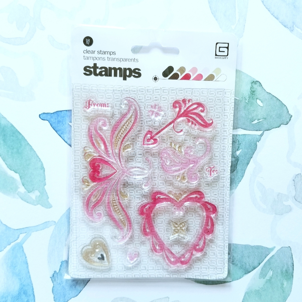 NEW! Basic Grey Bitsy Bliss Hearts Clear Stamps 10 Piece Set